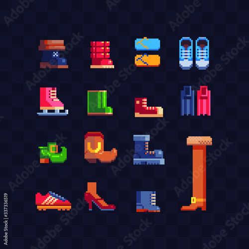 Pixel art footwear icon set shoes isolated vector illustration, women's and men's accessories shale sneakers shoes boots. Design for stickers, logo shop, embroidery, mobile app.