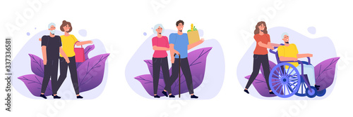 Social workers or Volunteer Care about senior people. Vector illustration.