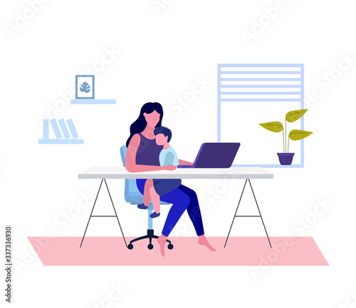 Mom working from home with a kid. Coronavirus Covid-2019 Quarantine. Stay home. Vector