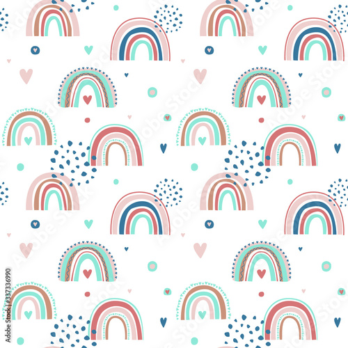 Cute seamless pattern of rainbow, clouds, drops and hearts in the style of Scandi!