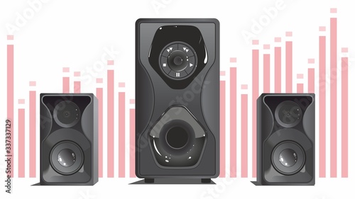 Music speakers with subwoofer. Vector black and gray, very loud. Pink equalizer on background