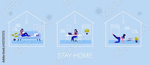 Stay home. Quarantine Coronavirus. Young woman reading book, working from home and doing yoga. Vector
