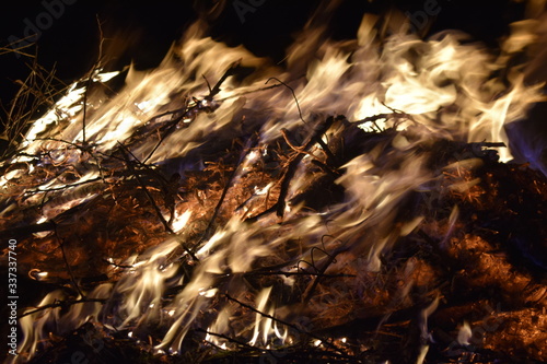 Bonfire. Burning tree branches. Environmental pollution. © Milya