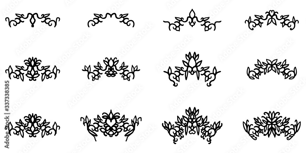 Vector set of abstract black floral objects isolated on white background. Beautiful romantic and elegant decoration elements for monograms, wedding invitations, gift cards, banners.