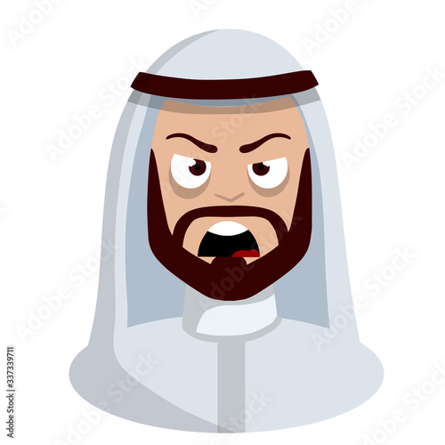 Angry face of Arab man in white national dress. Negative emotion. Evil look. Cartoon flat illustration. Screaming guy
