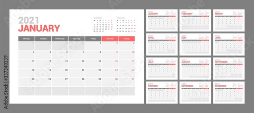 Wall calendar template for 2021 year. Planner diary in a minimalist style. Week Starts on Monday. Set of 12 Months. Ready for print.