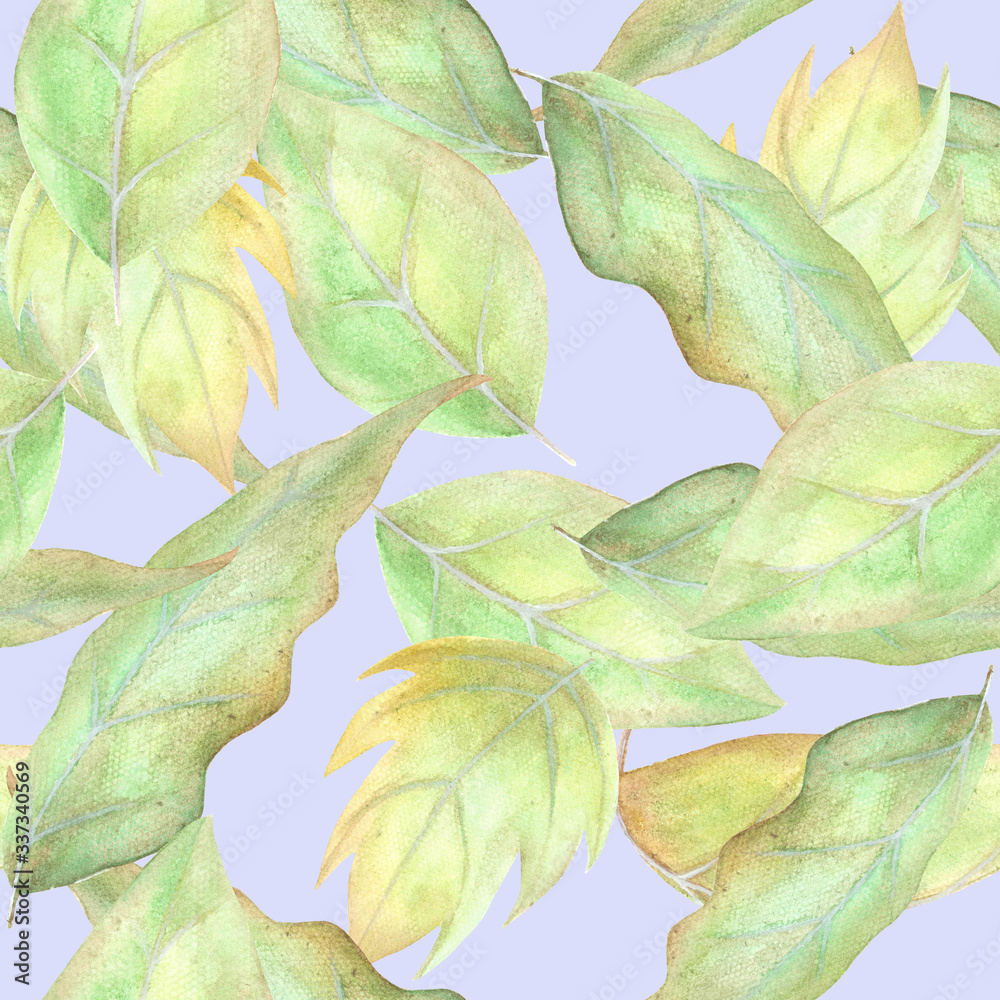 Green and green-yellow watercolor leaves on blue background: floral seamless pattern, tender wallpaper design and textile print.