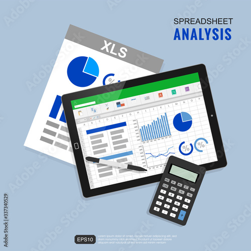 Spreadsheet analysis vector illustration concept. Close view of tablet, pen tab, calculator and graph document symbol. Business and finance template