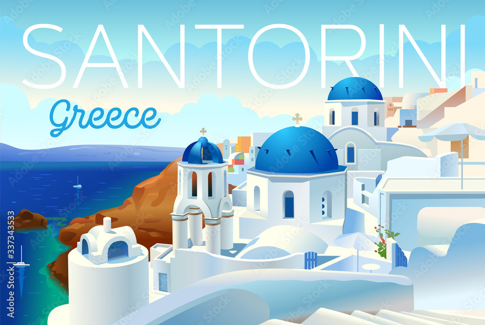 Santorini island, Greece. Beautiful traditional white architecture and Greek Orthodox churches with blue domes over the caldera, Aegean Sea. Scenic travel background. Advertising card, flyer, flyer.
