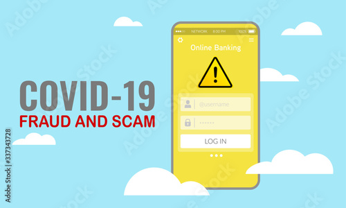 Vector illustration of fraud and scam alert notification on smart phone during Covid-19 pandemic outbreak. 