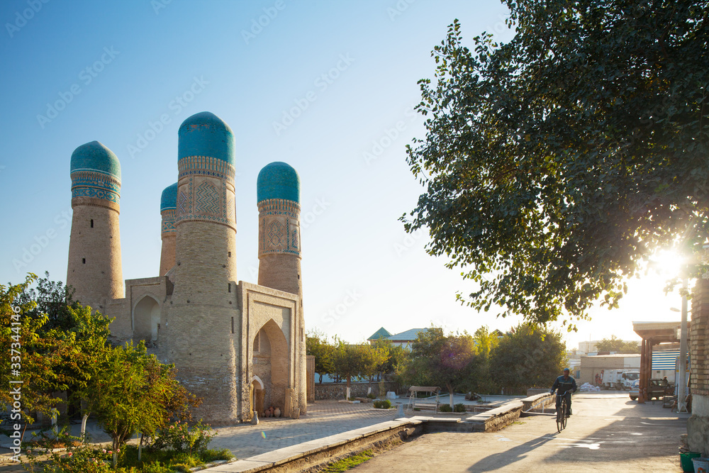 Char Minor (Chor Minor) madrasa in the historic city of Bukhara during sunrise. Uzbekistan