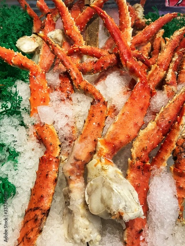 Close up of king crab legs on ice