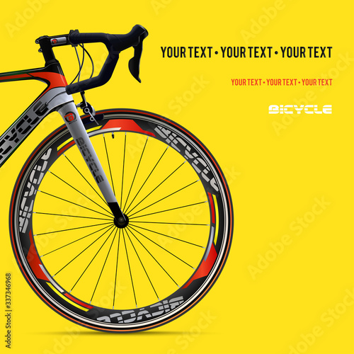 Bicycle advertising poster yellow modern sport health. Bicycle poster. Race road bike. Realistic.