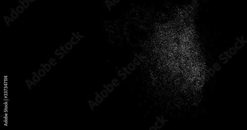 Water spray dust. Spraying mist effect of air gun isolated on black background.