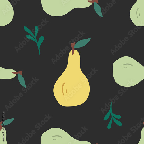 Seamless pattern with hand drawn green & yellow pear. Doodle style cute summer fruits isolated on contrast background. Repeating cartoon texture for vegetarian, vegan food wrapping, decoration, menu.