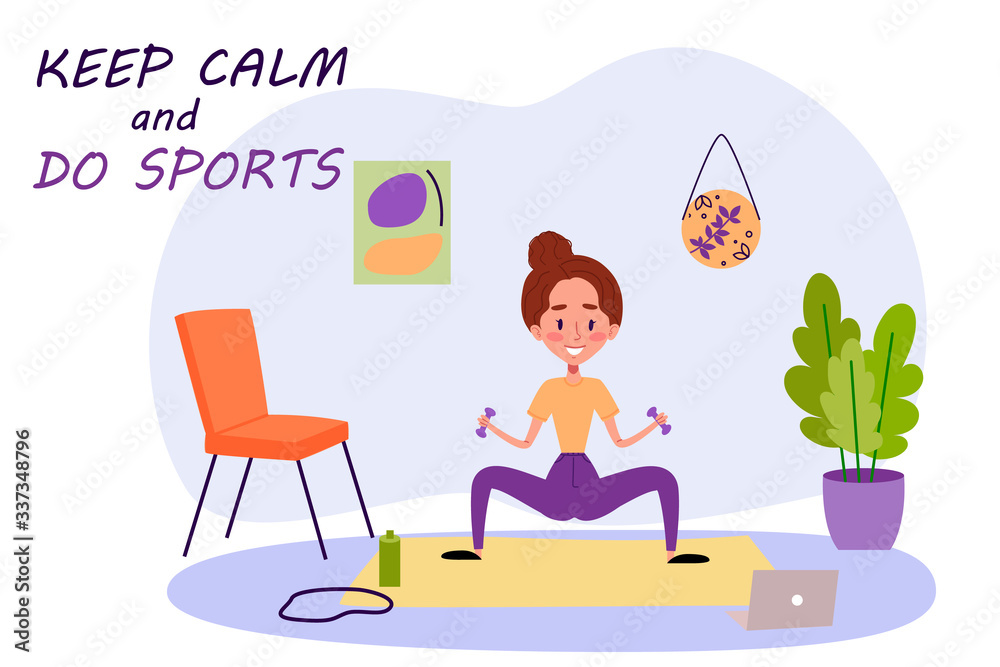 Fototapeta premium Woman is doing exercises at home on quarantine. Cute vector character girl is doing sports at home training. Keep calm and do physical physical exercises