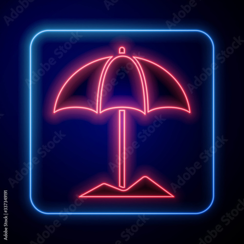 Glowing neon Sun protective umbrella for beach icon isolated on blue background. Large parasol for outdoor space. Beach umbrella. Vector Illustration