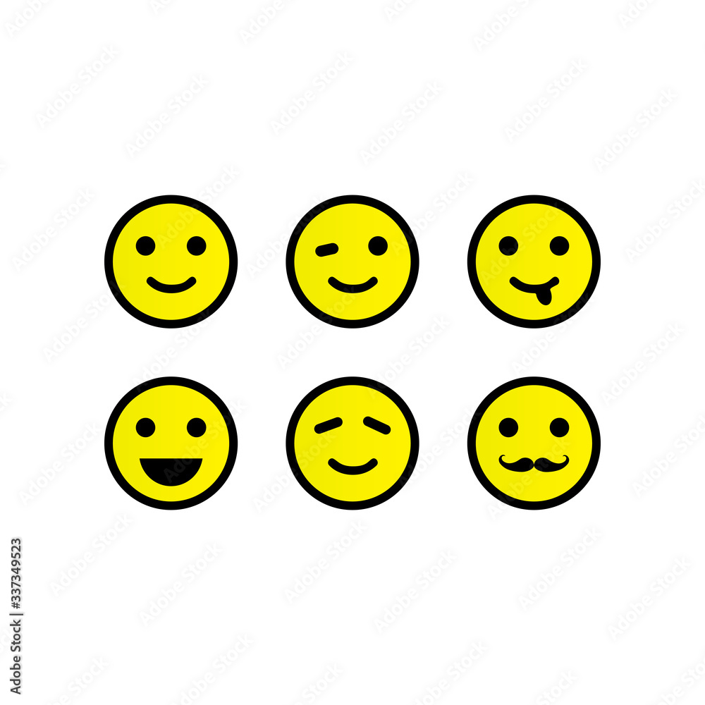 Smile, emoji or faces with emotions of joy, satisfaction. Set of emoticon icons. Illustrations of facial expressions in yellow isolated on white background. Vector EPS 10. Smile, emoji or faces with emotions of joy, satisfaction. Set of emoticon icons. Illustrations of facial expressions in yellow isolated on white background. Vector EPS 10.