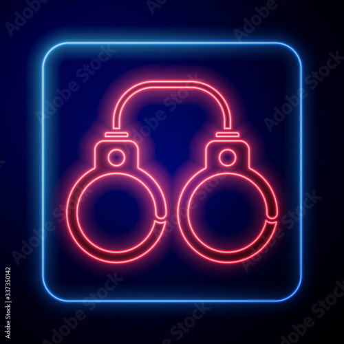 Glowing neon Sexy fluffy handcuffs icon isolated on blue background. Fetish accessory. Sex shop stuff for sadist and masochist. Vector Illustration