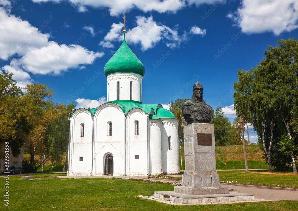 Spaso-Preobrazhensky Cathedral and monument to Alexander Nevsky on red square in Pereslavl Zalessky. Yaroslavl region, Russia