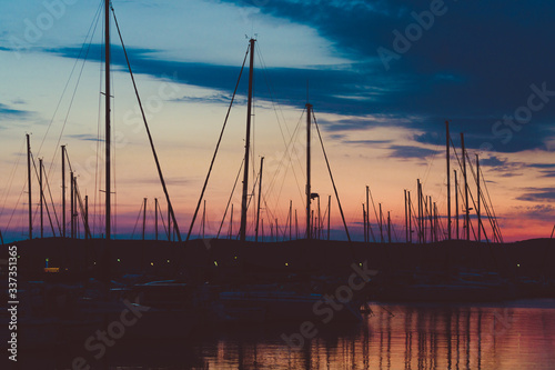 sunset in Croatian port with yachts