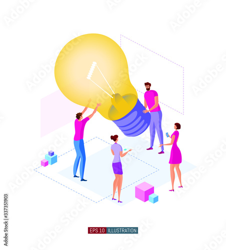 Trendy flat illustration. Office workers planing business mechanism, analyze business strategy and exchange ideas. Light bulb. Teamwork concept. Template for your design works. Vector graphics.