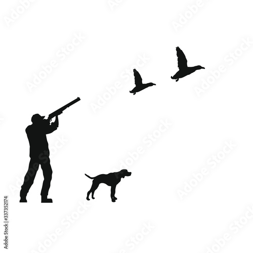 hunter man with spotted dog, shooting ducks flying, vector illustration