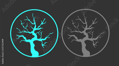 Photography Vector set illustration tree without leaves bright neon turquoise and gray tree silhouette