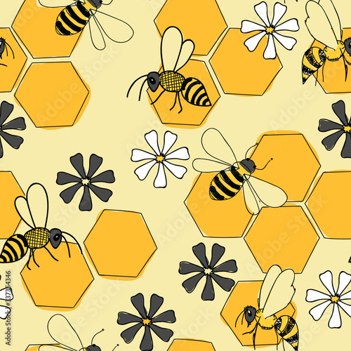 Bees and flowers seamless vector pattern on yellow honeycomb background surface pattern design