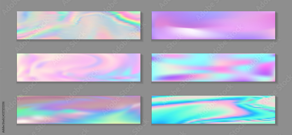 Fototapeta premium Holography vivid banner horizontal fluid gradient mermaid backgrounds vector collection.