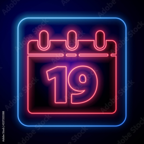 Glowing neon Calendar with Happy Easter icon isolated on blue background. Spring Christian Holiday symbol. Vector Illustration