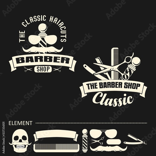 set of vintage barber shop labels. black and white classic ribbons banners group with place for your text. Ribbons for design, business, logo, cards, and etc