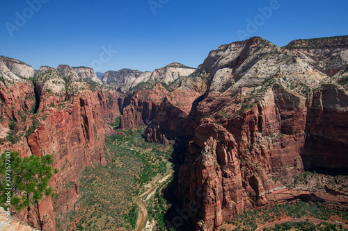 Zion Canyon top view panoramic landscape. Red rock Zion Canyon panorama. Zion Canyon landscape