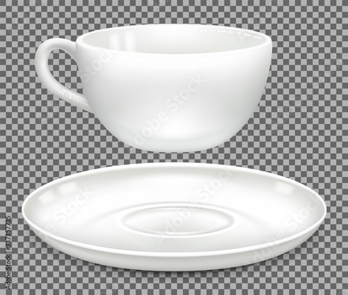White cup for cappuccino coffee and saucer. Side view, separately. Layout for advertising design. Separate on a white background. Vector illustration