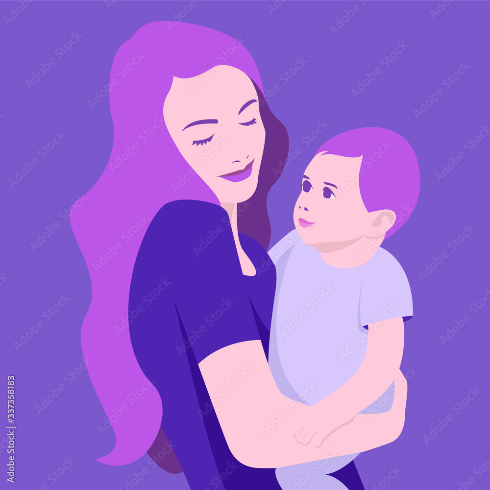 Pretty woman with long hair holding a cute baby in her arms. Child hugs his mom. Mother and baby smiling at each other. Mothers day concept vector illustration.