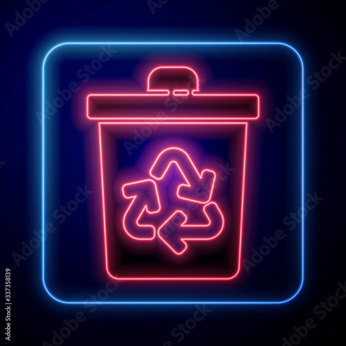 Glowing neon Recycle bin with recycle symbol icon isolated on blue background. Trash can icon. Garbage bin sign. Recycle basket sign. Vector Illustration