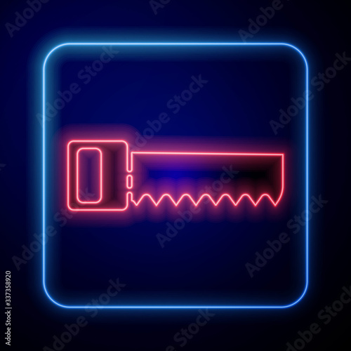 Glowing neon Hand saw icon isolated on blue background. Vector Illustration