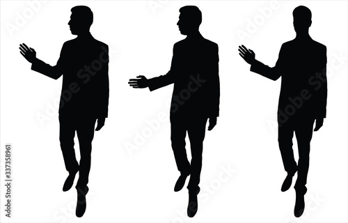 Vector illustration a man takes a step and raises his hand. Businessman in a suit is explaining. Set of three male silhouettes in motion. A person represents, explains, shows, tells, educates, trains.