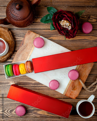 various macarones on the table top view _ photo