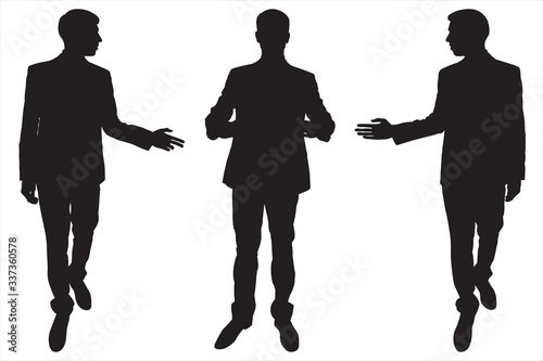 Vector illustration male silhouette demonstrates. Businessman in a suit shows his hand. Arm is set aside. Set of three black silhouettes isolated on white background. Man holds in his hands. Walking.