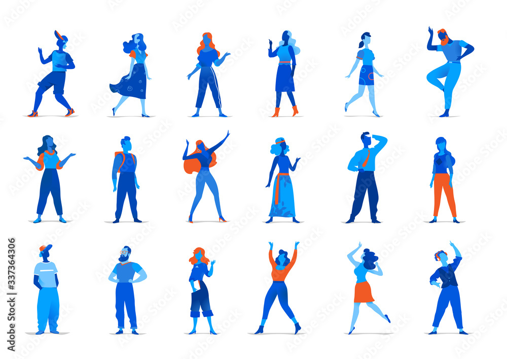 Personaggi maschili e femminili per l'animazione. Avatar donne e uomini in diverse posizioni isolati su fondo bianco