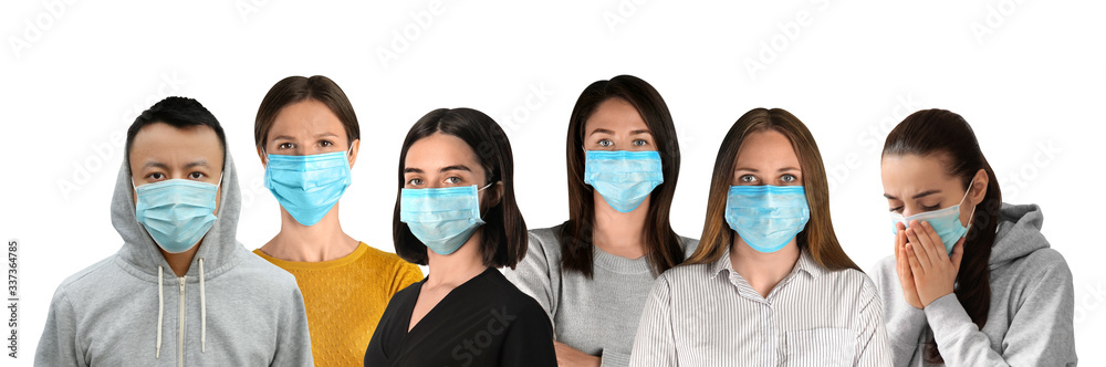 Collage of people wearing medical face masks on white background. Banner design Collage of people wearing medical face masks on white background. Banner design