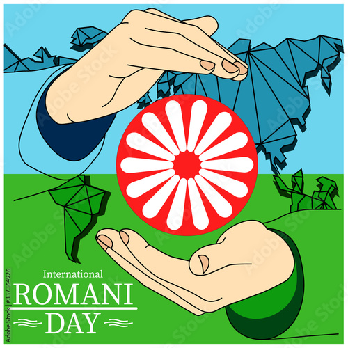 International Romani Day banner flag and wheel inscribed in the inscription holding hands icon flat in modern colour design concept on isolated white background. EPS 10 vector.
