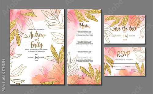 Wedding invitation card with abstract watercolor background and gold leaves. ...