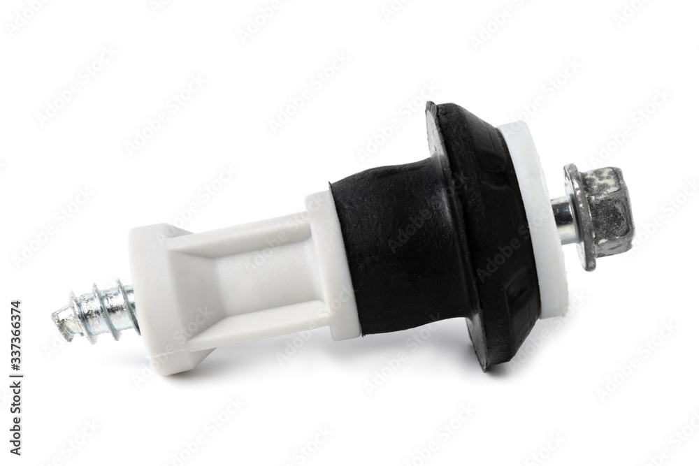 Close-up shipping bolt with gasket inserted into the back of the Washing Machine during transportation, isolated on white background