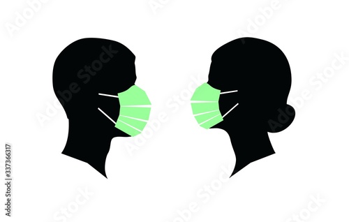 Czarna sylwetka głowy mężczyzny i kobiety z profilu, w maskach higienicznych, na białym tle photo