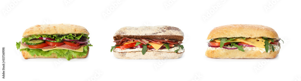 Set of different yummy sandwiches on white background. Banner design Set of different yummy sandwiches on white background. Banner design