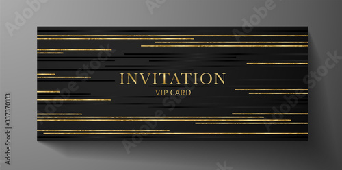 Luxury VIP invite card template with gold lines on black background. Deluxe golden pattern useful for premium formal design: lux Gift certificate, exclusive Voucher, rich Invitation card