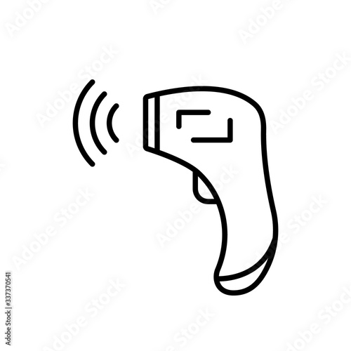 Forehead Infrared Thermometer with signal. Linear icon of digital device for measuring temperature. Black illustration of medical non-contact equipment. Contour isolated vector on white background