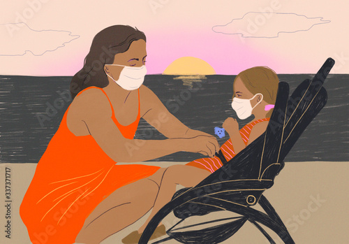 Family outdoors in 2020 spring pandemics, woman with child